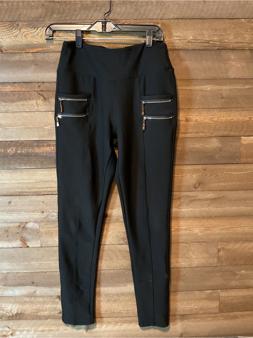 Women’s Black Pull On Pants by LA12ST Faux Zipper Pockets  One Size